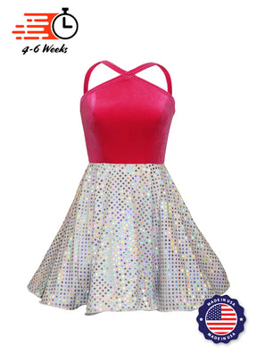 Hot Pink Velvet Top/White Silver Laser Dot Sequin Circle Skirt Show Choir Dress front