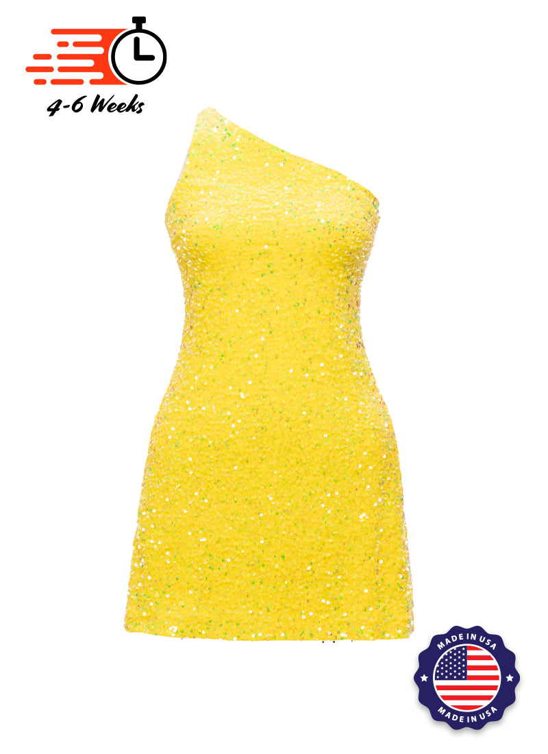 Lemon - Clear Iridescent Velvet Sequin One Shoulder A-Line SHIFT Show Choir Dress - Ships 4 to 6 Weeks