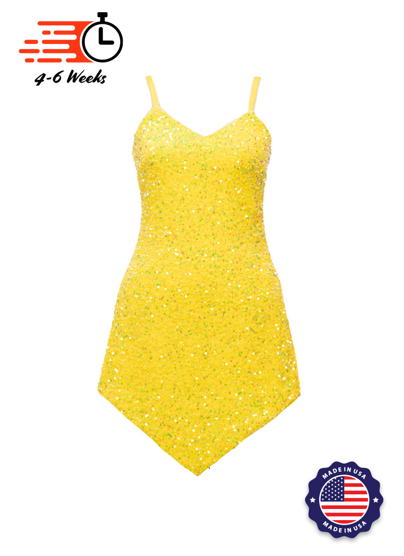 Lemon - Clear Iridescent Sequin V-Neck/V-Hem A-Line SHIFT Show Choir Dress - Ships 4 to 6 Weeks