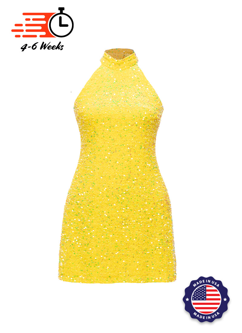 Lemon Velvet Iridescent Sequin High Neck A-Line SHIFT Show Choir Dress Front