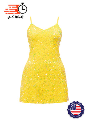 Lemon Velvet Iridescent Sequin V-Neck A-Line SHIFT Show Choir Dress Front