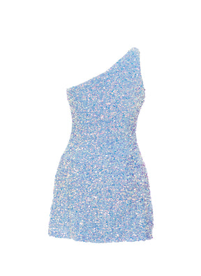 Sky Blue Velvet Iridescent Sequin One Shoulder A-Line SHIFT Show Choir Dress Back