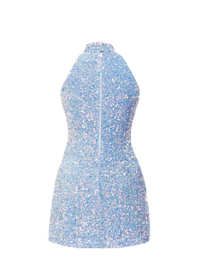 Sky Blue Velvet Iridescent Sequin High Neck A-Line SHIFT Show Choir Dress Back