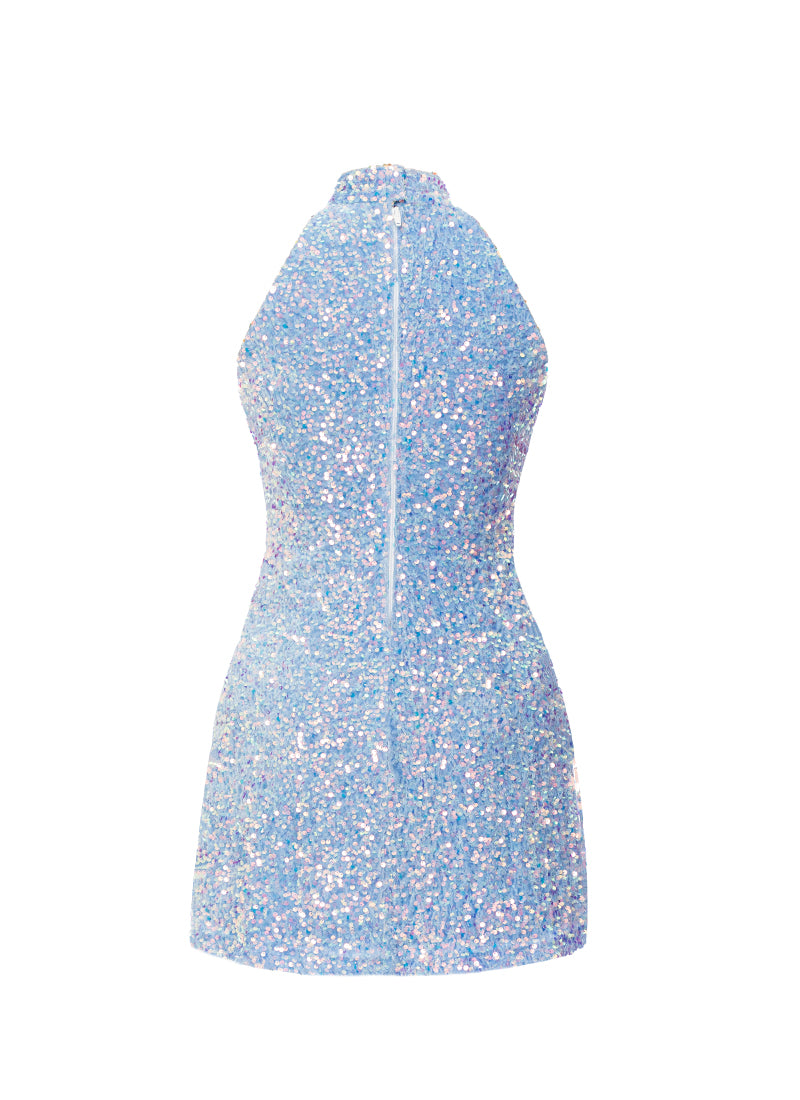 Sky Blue Velvet Iridescent Sequin High Neck A-Line SHIFT Show Choir Dress Back