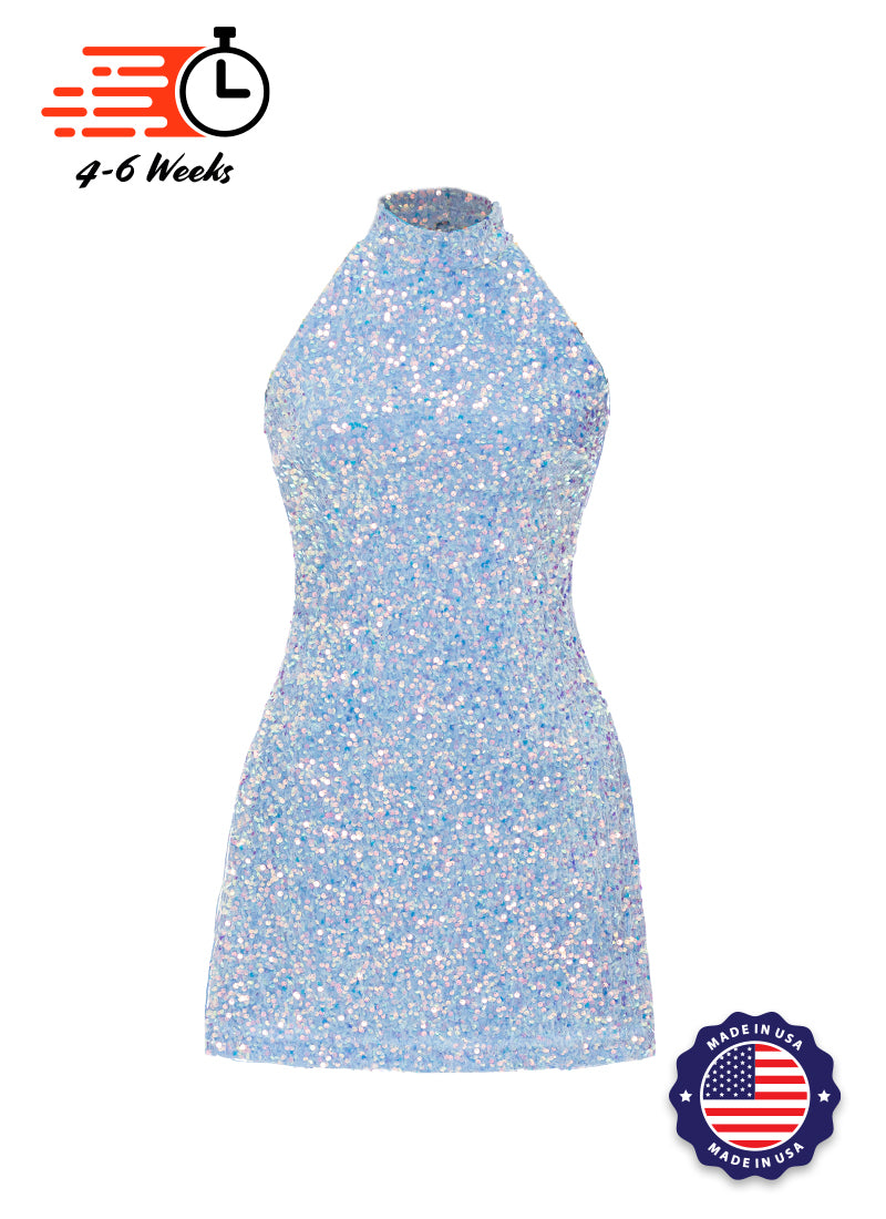 Velvet Sequin - Iridescent High Neck A-Line SHIFT Show Choir Dress - Ships 4 to 6 Weeks Sky Blue Velvet with Clear Iridescent Sequins / XS - Velvet Sequin - Iridescent High Neck A-Line SHIFT Show Choir Dress - Ships 4 to 6 Weeks Sky Blue Velvet with Clear Iridescent Sequins / XS -