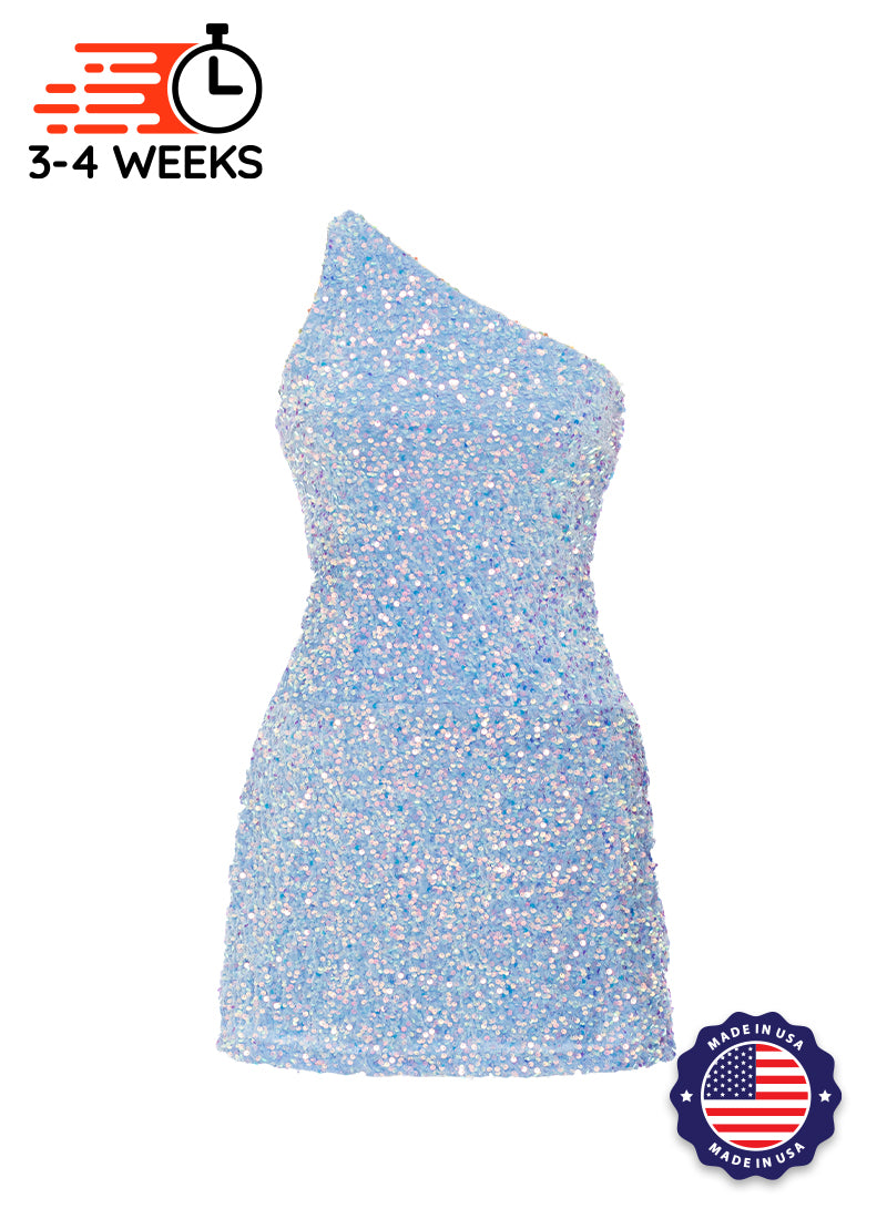 Velvet Sequin - Iridescent One Shoulder A-Line SHIFT Show Choir Dress - Ships 4 to 6 Weeks Sky Blue Velvet with Clear Iridescent Sequins / M - Velvet Sequin - Iridescent One Shoulder A-Line SHIFT Show Choir Dress - Ships 4 to 6 Weeks Sky Blue Velvet with Clear Iridescent Sequins / M -