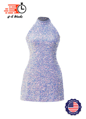 Lilac - Clear Iridescent Velvet Sequin High Neck A-Line SHIFT Show Choir Dress - Ships 4 to 6 Weeks