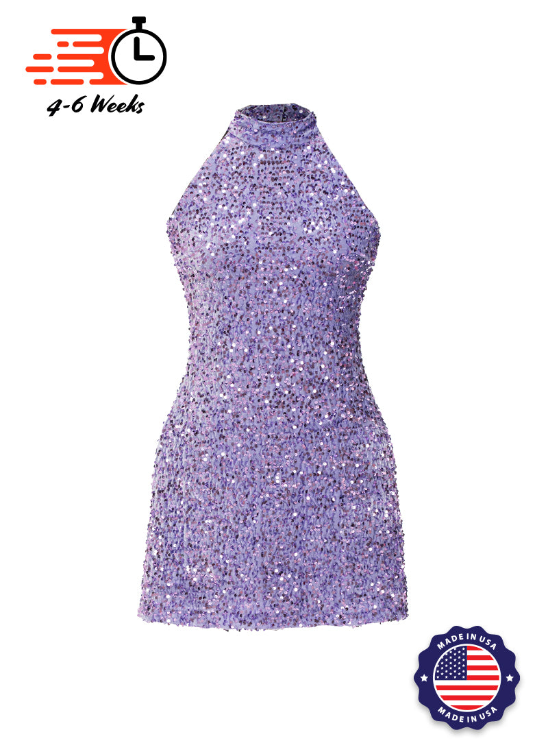 Lavender - Purple Velvet Sequin High Neck A-Line SHIFT Show Choir Dress - Ships 4 to 6 Weeks