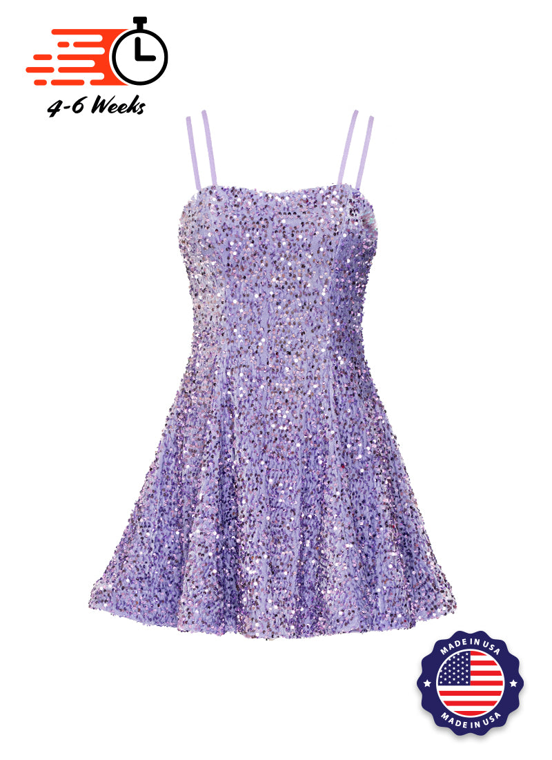 Lilac Velvet Sequin Classic Square Neckline Princess Seam Show Choir Dress Front 