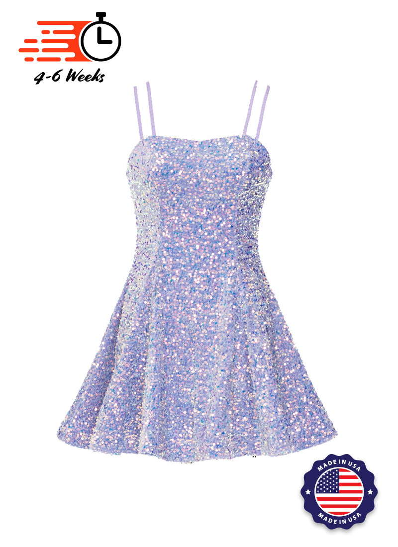 Lilac - Clear Iris Velvet Sequin Classic Square Neckline Princess Seam Show Choir Dress Front
