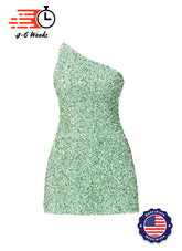 Mint - Mint Sequin One Shoulder A-Line SHIFT Show Choir Dress Front