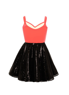 Neon Coral Bodice w/ Black All-Over Sequin Show Choir Dress Back View