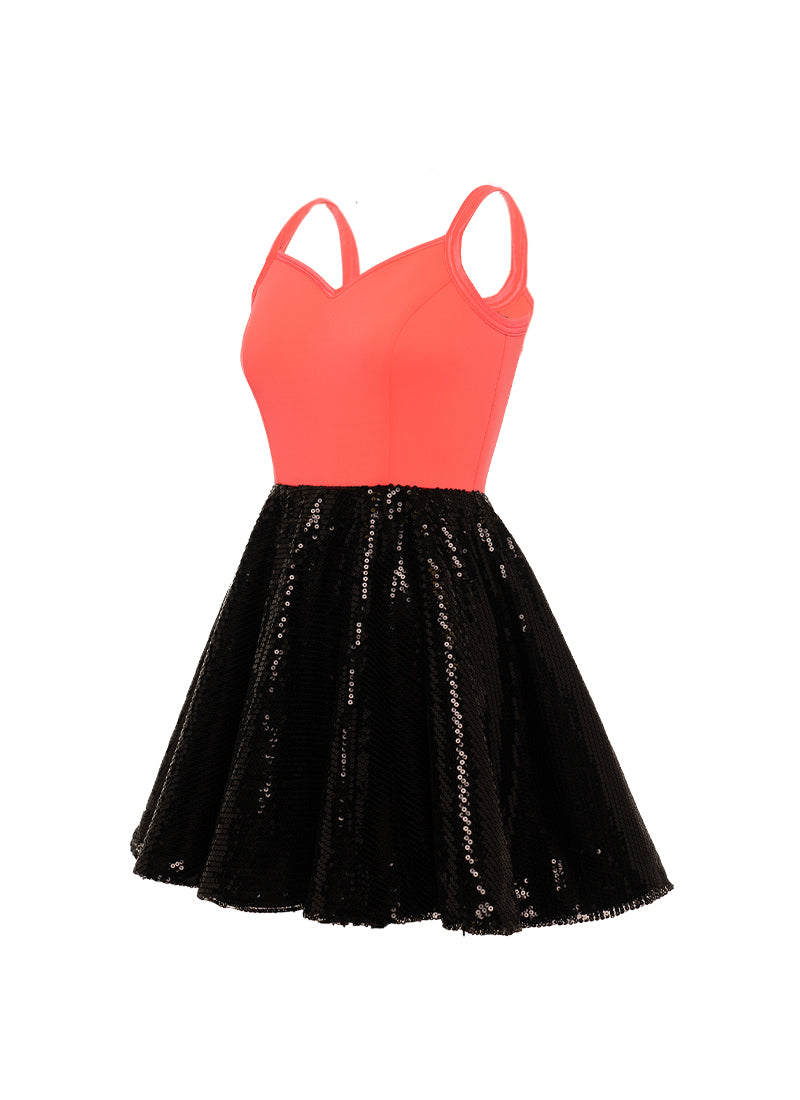 Neon Coral Bodice w/ Black All-Over Sequin Show Choir Dress Side View