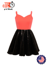 Neon Coral Bodice w/ Black All-Over Sequin Show Choir Dress Front View
