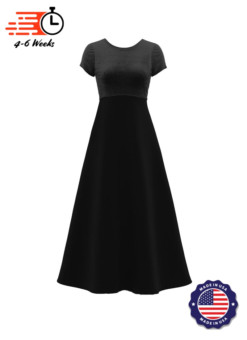 Jewel Neck V-Back Neck Short Sleeve Stretch Velvet Top/ Black Crepe Knit Gown