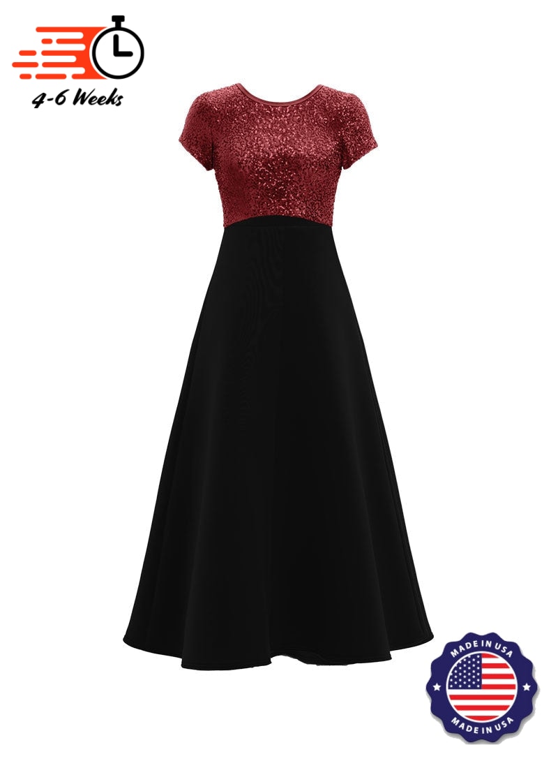 Jewel Neck V-Back Neck Short Sleeve Stretch Sequin Top/ Black Crepe Knit Gown