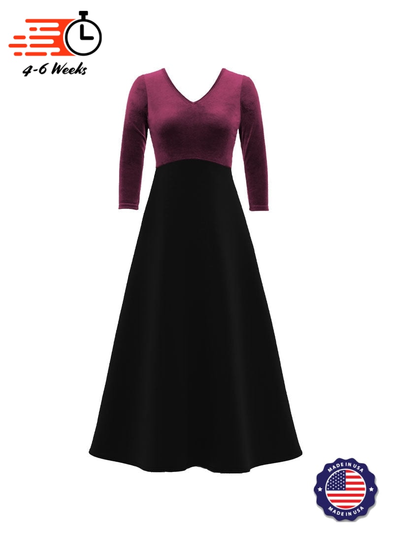 V-Neck High Back Neck 3/4 Sleeve Stretch Velvet Top/ Black Crepe Knit