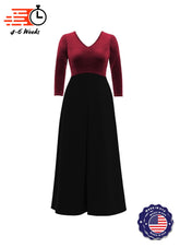 V-Neck High Back Neck 3/4 Sleeve Stretch Velvet Top/ Black Crepe Knit Palazzo Pant Jumpsuit