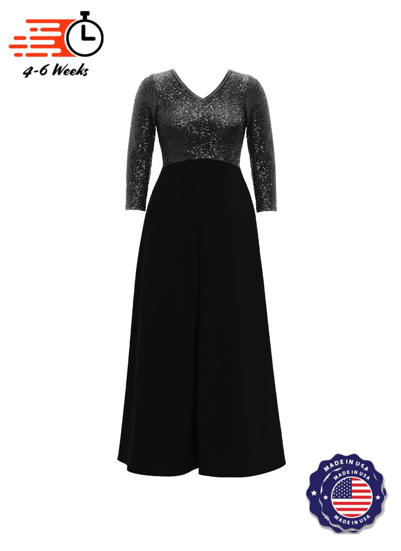 V-Neck High Back Neck 3/4 Sleeve Stretch Sequin Top/ Black Crepe Knit Palazzo Pant Jumpsuit 18Y