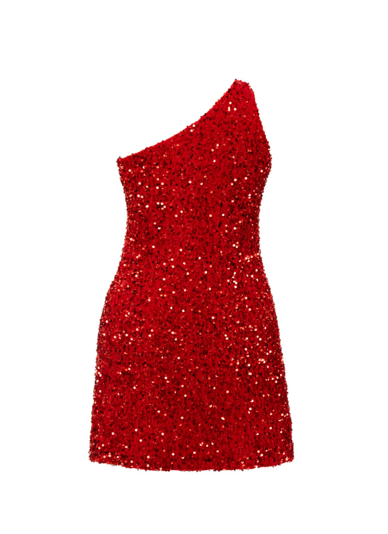 Red - Red Velvet Sequin One Shoulder A-Line SHIFT Show Choir Dress - Ships 4 to 6 Weeks