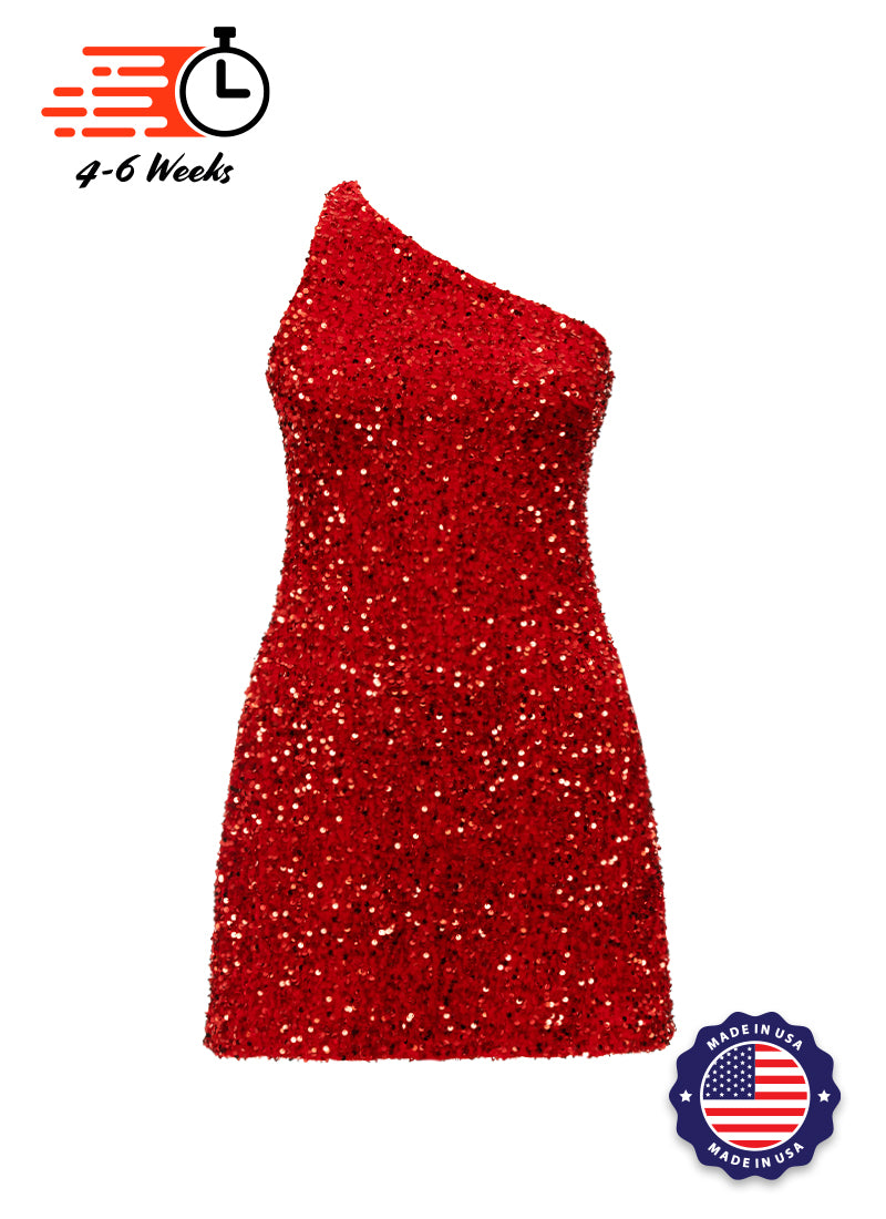 Red - Red Velvet Sequin One Shoulder A-Line SHIFT Show Choir Dress - Ships 4 to 6 Weeks