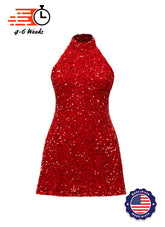 Red - Red Velvet Sequin High Neck A-Line SHIFT Show Choir Dress - Ships 4 to 6 Weeks