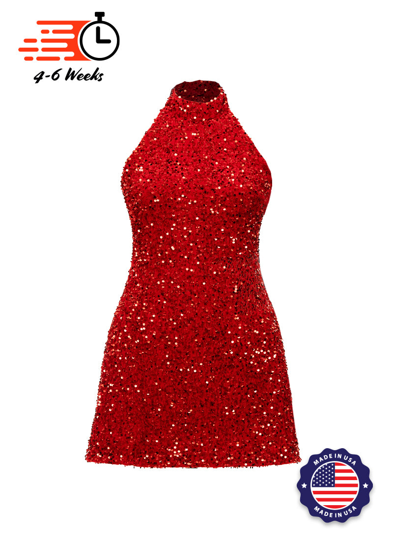 Red - Red Velvet Sequin High Neck A-Line SHIFT Show Choir Dress - Ships 4 to 6 Weeks