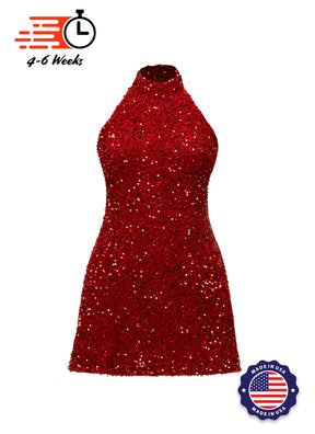 Red - Red Sequin High Neck A-Line SHIFT Show Choir Dress Front View
