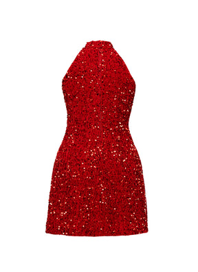 Red - Red Velvet Sequin High Neck A-Line SHIFT Show Choir Dress - Ships 4 to 6 Weeks