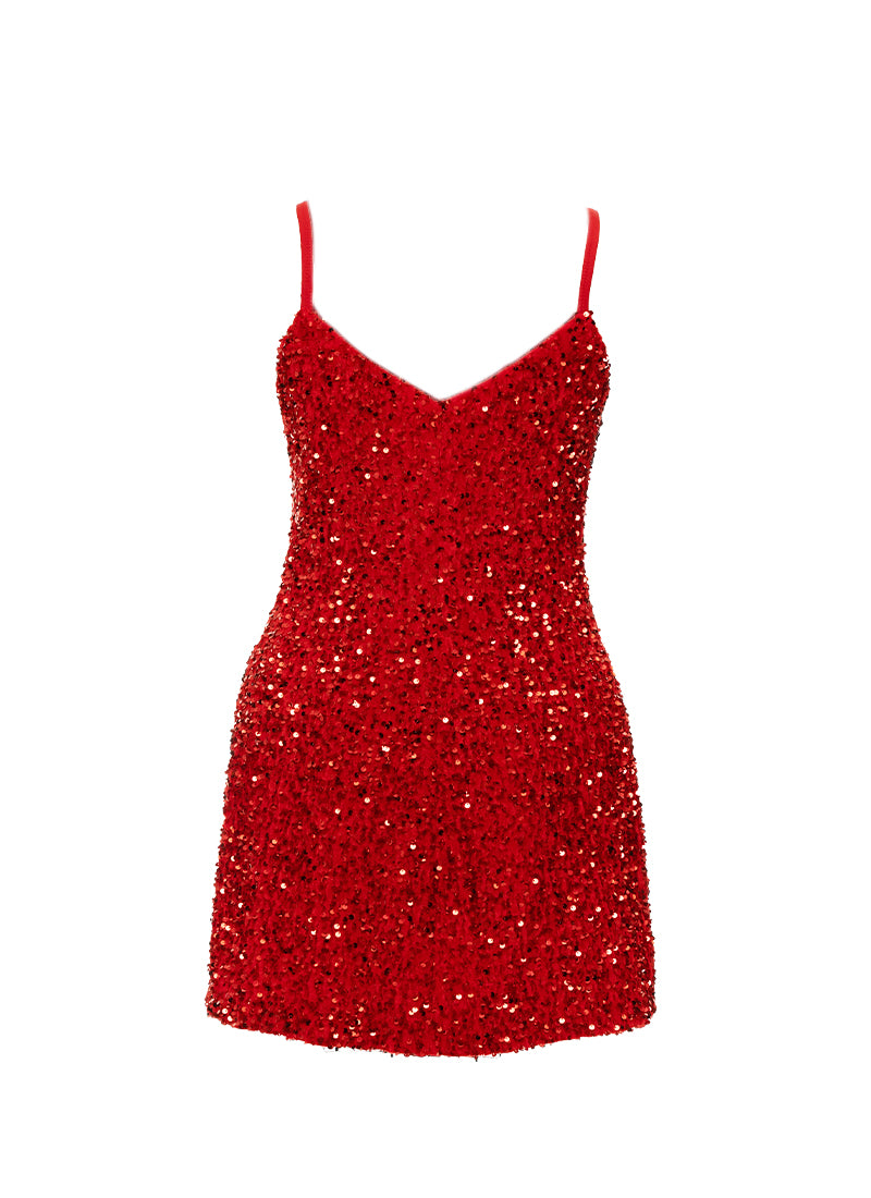 Red - Red Velvet Sequin V-Neck A-Line SHIFT Show Choir Dress - Ships 4 to 6 Weeks