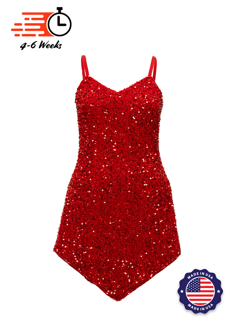 Red - Red Velvet Sequin V-Neck/V-Hem A-Line SHIFT Show Choir Dress - Ships 4 to 6 Weeks