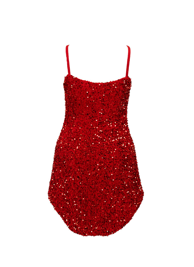 Red - Red Velvet Sequin V-Neck/V-Hem A-Line SHIFT Show Choir Dress - Ships 4 to 6 Weeks