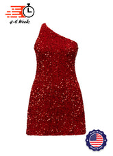 Red - Red Sequin One Shoulder A-Line SHIFT Show Choir Dress Front View
