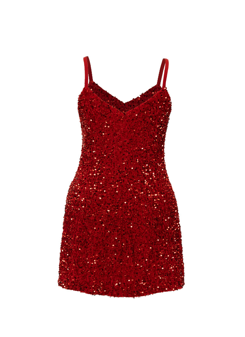 Red - Red Sequin V-Neck A-Line SHIFT Show Choir Dress Back View