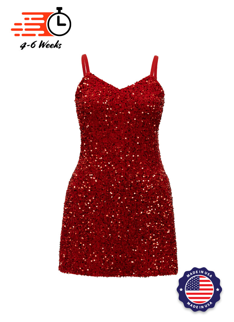Red - Red Sequin V-Neck A-Line SHIFT Show Choir Dress Front View