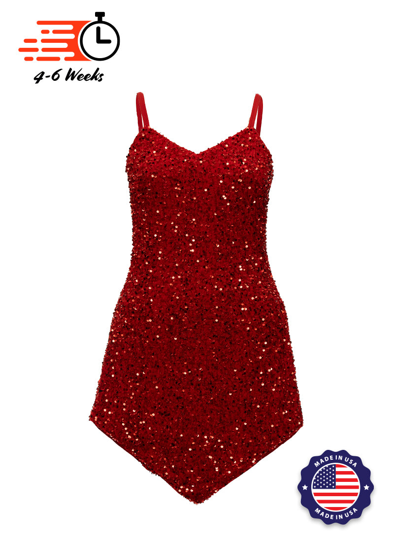Red Velvet Sequin V-Neck/V-Hem A-Line SHIFT Show Choir Dress Front