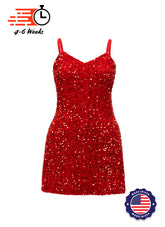 Red - Red Velvet Sequin V-Neck A-Line SHIFT Show Choir Dress - Ships 4 to 6 Weeks