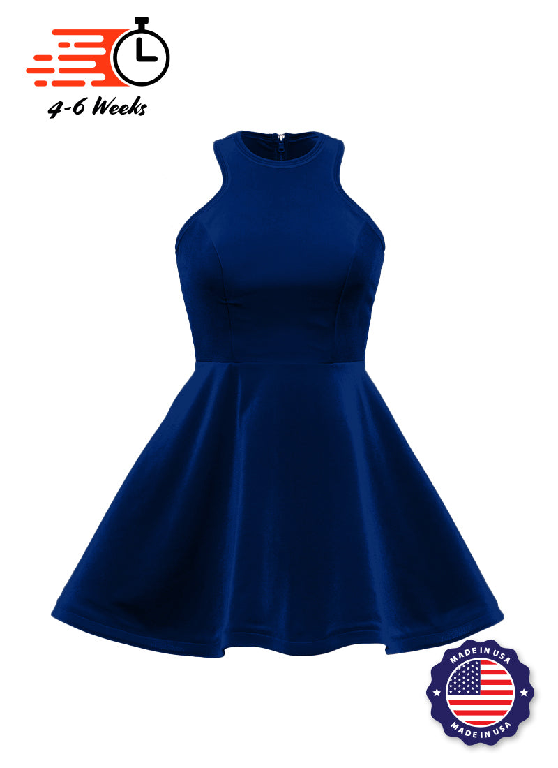 Navy Blue Serpentine Neckline Show Choir Dress front