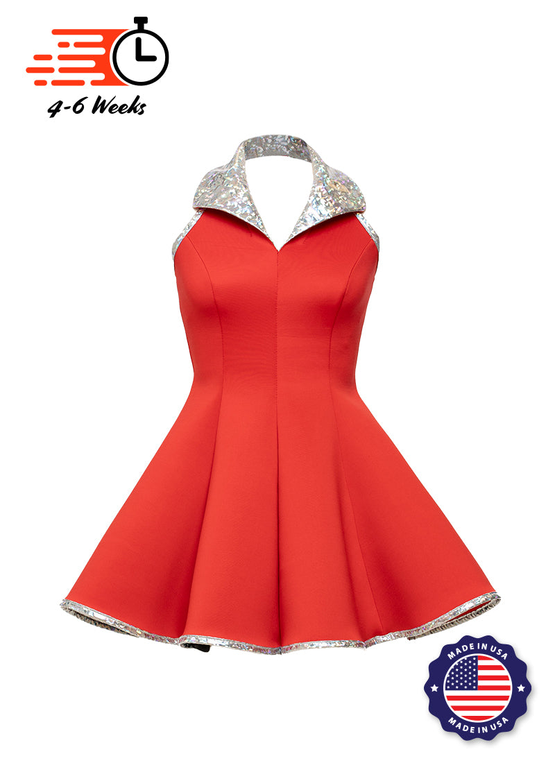 Red and Silver Lapel Collar Princess Panel Show Choir Dress Front View