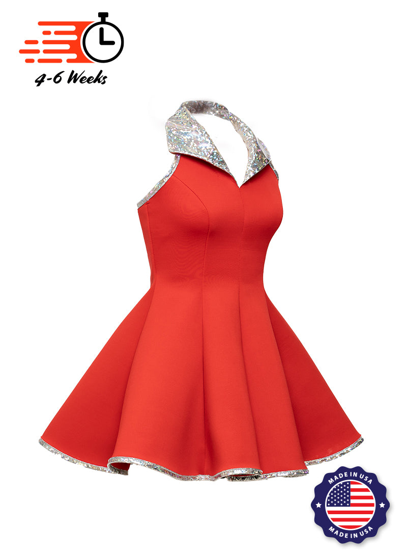 Red and Silver Lapel Collar Princess Panel Show Choir Dress Side View