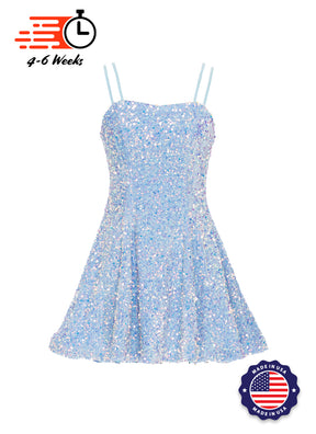 Sky Blue - Clear Iridescent Velvet Sequin Classic Square Neckline Princess Seam Show Choir Dress - Ships 4 to 6 weeks