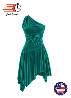 Stretch Velvet Asymmetrical Ruched Knit Show Choir Dress - Ships in 4 to 6 Weeks
