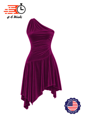 Stretch Velvet Asymmetrical Ruched Knit Show Choir Dress - Ships in 4 to 6 Weeks