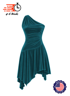 Stretch Velvet Asymmetrical Ruched Knit Show Choir Dress - Ships in 4 to 6 Weeks