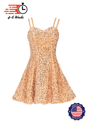 Tan - Tan Velvet Sequin Classic Square Neckline Princess Seam Show Choir Dress - Ships 4 to 6 weeks