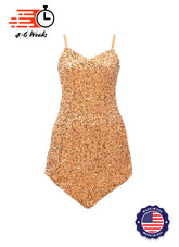 Tan - Tan Velvet Sequin V-Neck/V-Hem A-Line SHIFT Show Choir Dress - Ships 4 to 6 Weeks