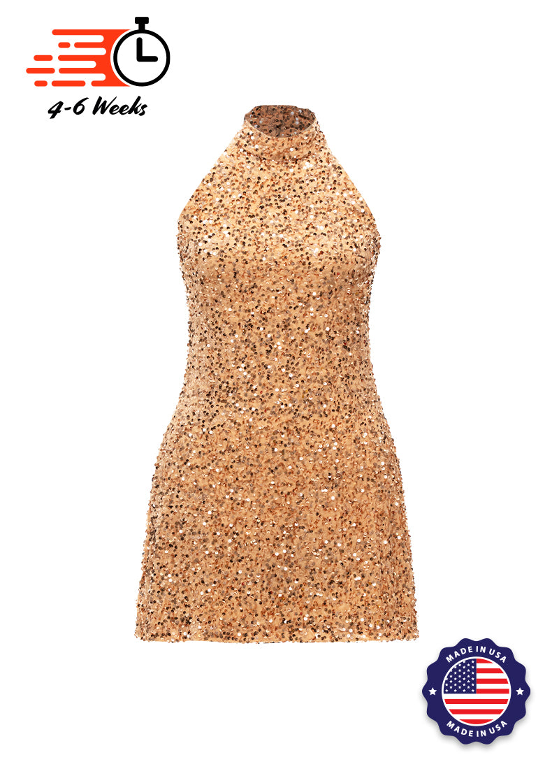 Tan Velvet Sequin High Neck A-Line SHIFT Show Choir Dress Front