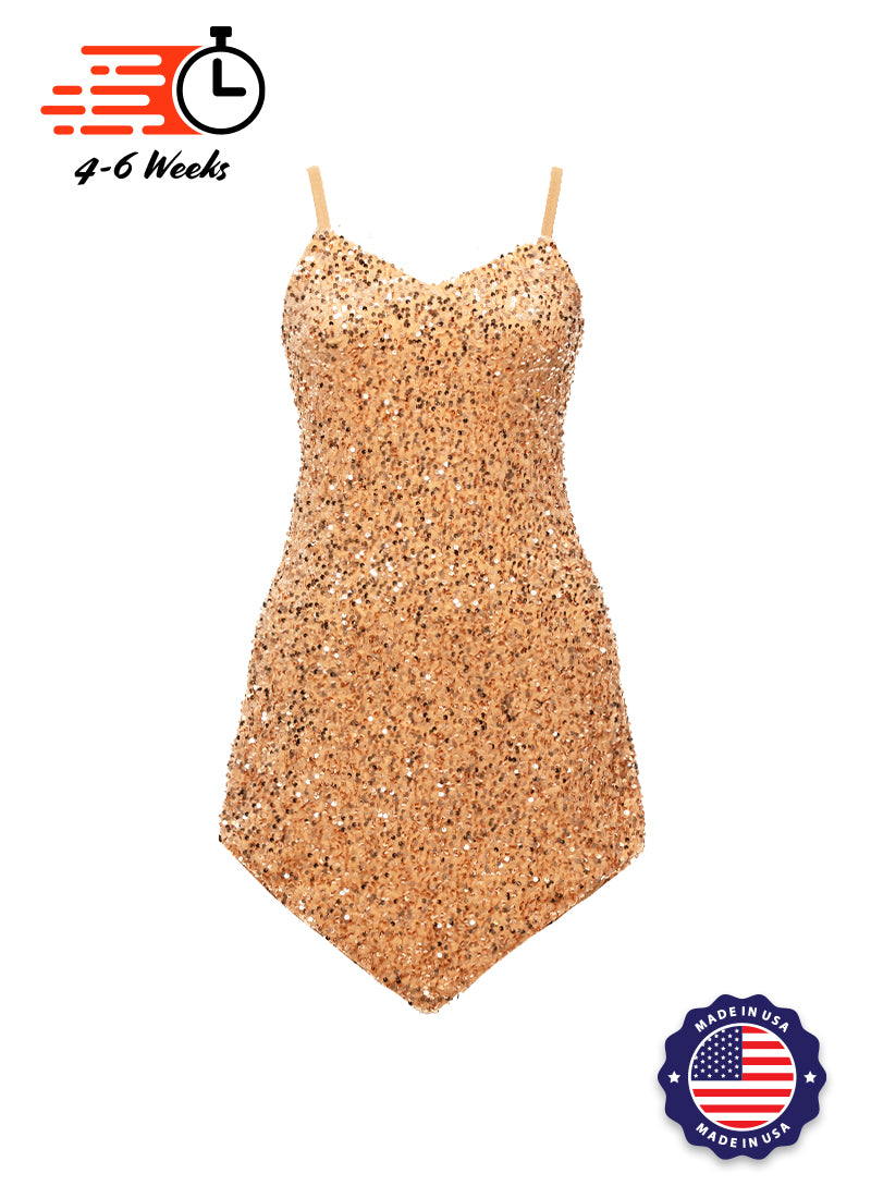 Tan Velvet Sequin V-Neck/V-Hem A-Line SHIFT Show Choir Dress Front