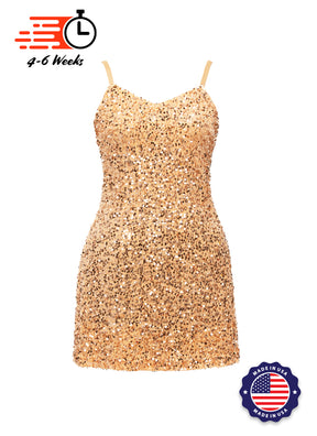 Tan - Tan Velvet Sequin V-Neck A-Line SHIFT Show Choir Dress - Ships 4 to 6 Weeks