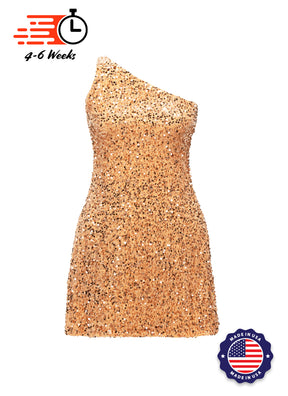 Tan - Tan Velvet Sequin One Shoulder A-Line SHIFT Show Choir Dress - Ships 4 to 6 Weeks